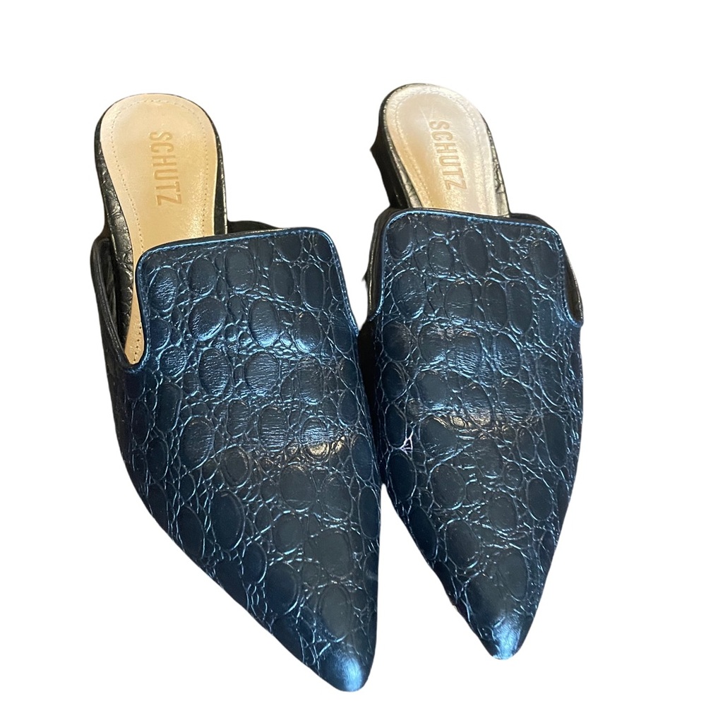 SCHUTZ Black Leather Mules with Croc Embossing